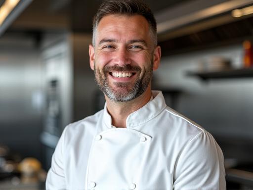 Chef cuisinier souriant en tenue professionnelle dans une cuisine moderne