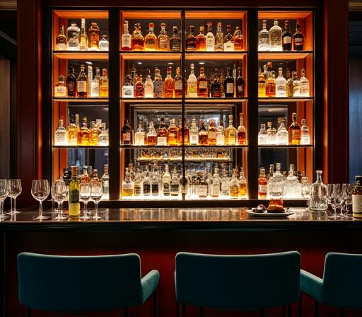 Coin bar luxueux avec éclairage tamisé, bouteilles de vin et verres