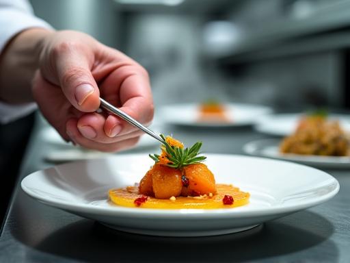 Détail d'une main décorant un plat dans une cuisine ouverte et lumineuse