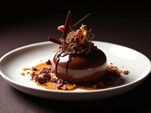 Dessert au chocolat artistique avec des éléments dorés