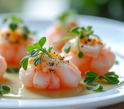 Entrée délicate de fruits de mer avec herbes fines