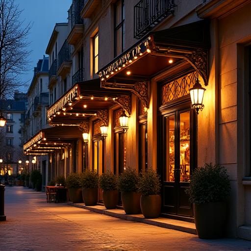 Façade d'entrée d'un restaurant parisien de luxe la nuit, éclairée
