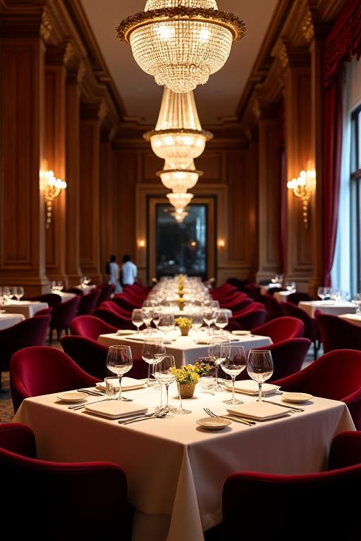 Intérieur élégant d'une salle à manger de restaurant étoilé à Paris