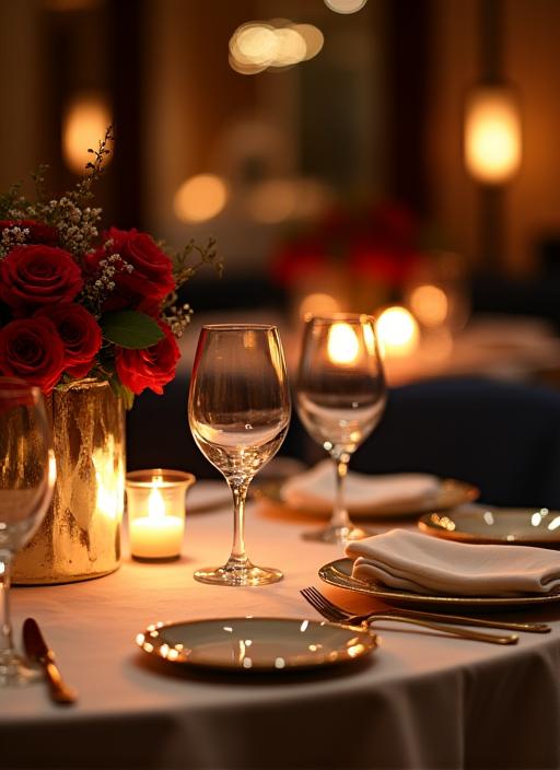 Table de restaurant dressée pour un dîner romantique avec des fleurs