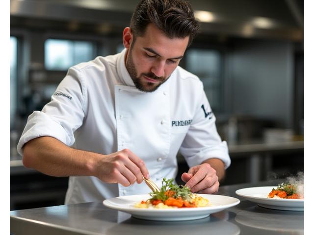 Chef hautement qualifié d'Aurore Saveurs plaquant une création culinaire raffinée avec précision.