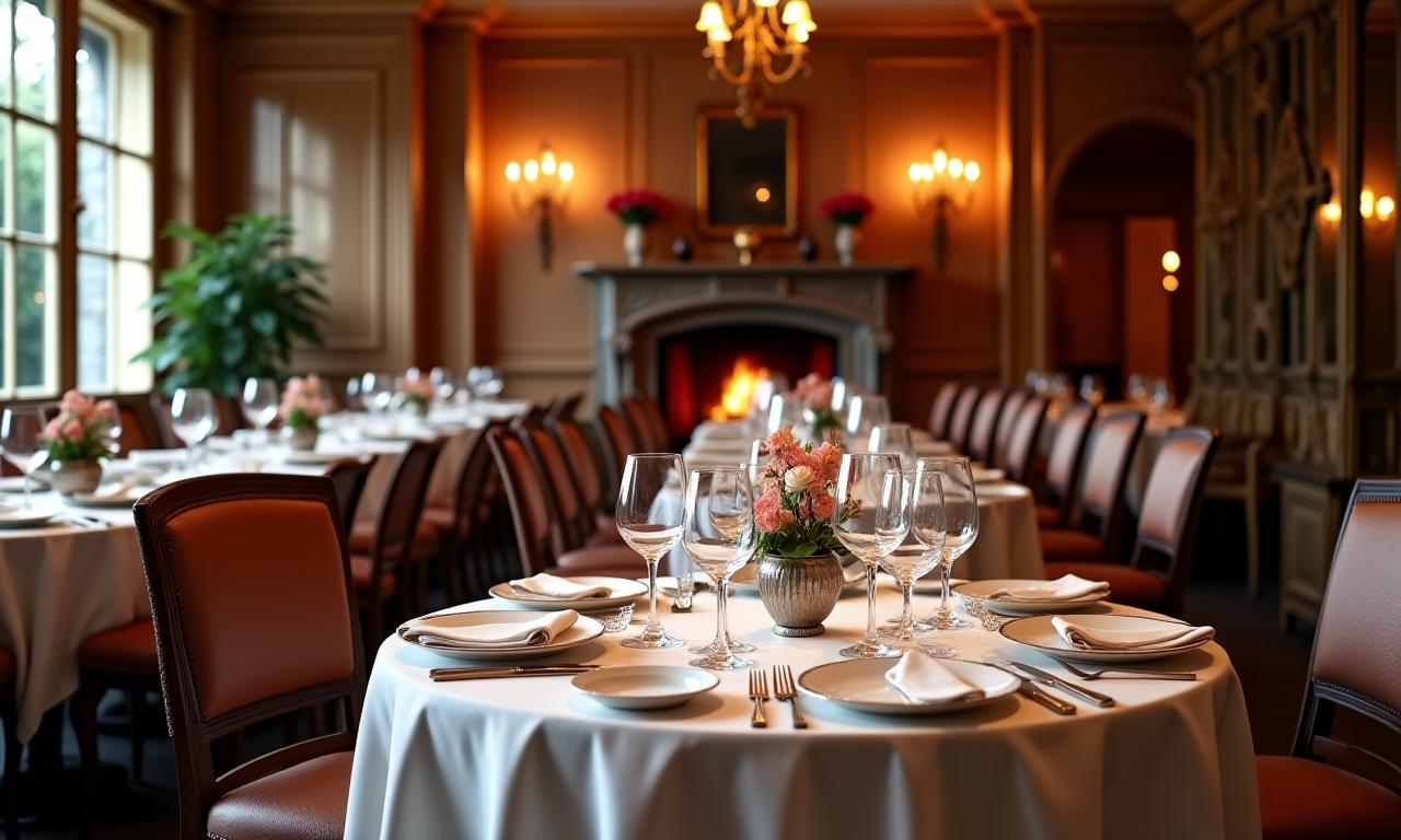 Vue élégante de la salle à manger d'Aurore Saveurs avec tables dressées et cheminée.