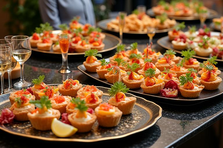 Buffet de traiteur de luxe avec une variété de plats gastronomiques joliment présentés, des décorations florales et des verres à vin élégants.
