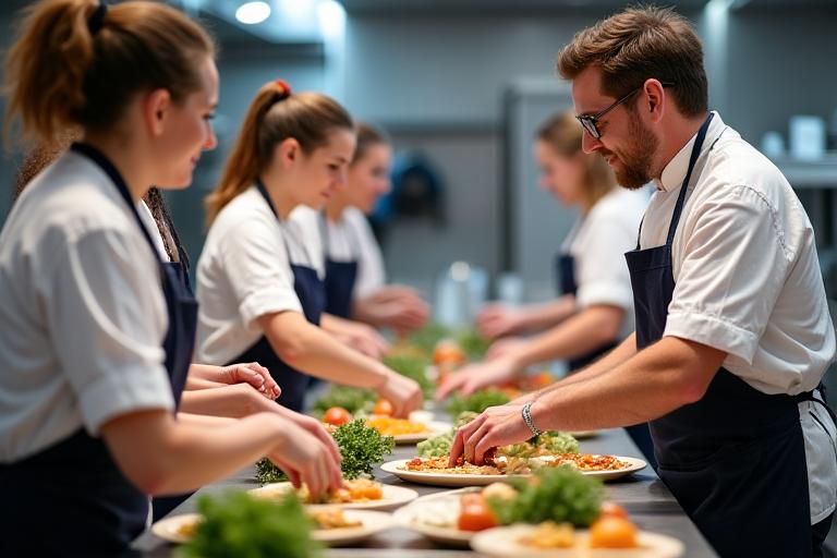 Chef enseignant dans un atelier culinaire, des participants engagés autour d'un plan de travail, des ingrédients frais et des ustensiles de cuisine professionnels.