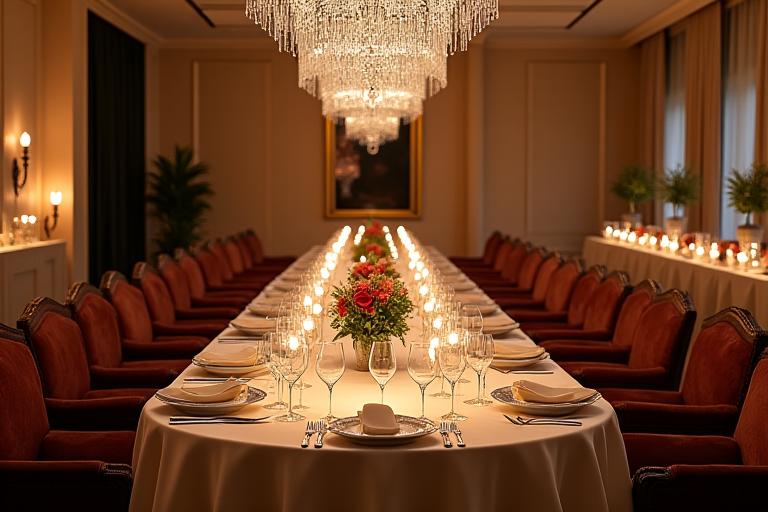 Salle de réception élégamment dressée pour un événement privé chez Aurore Saveurs, avec des tables drapées, des lustres scintillants et une ambiance chaleureuse.