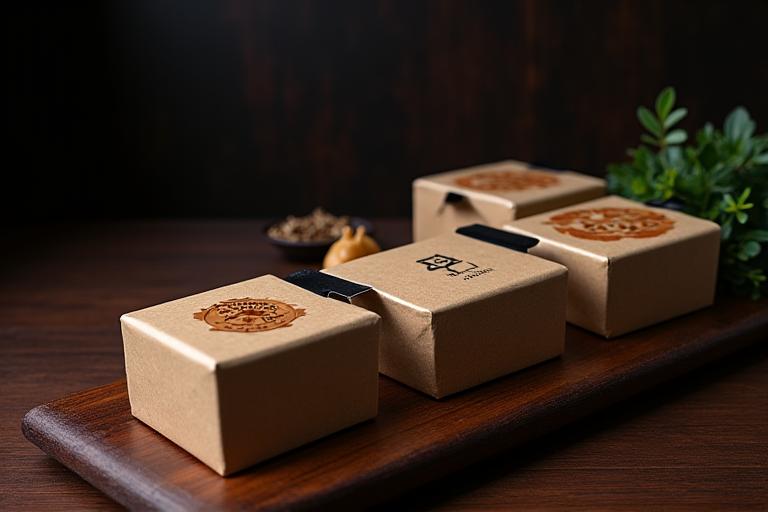 Plats gastronomiques emballés élégamment pour la vente à emporter, avec le logo Aurore Saveurs, sur fond de table en bois sombre.